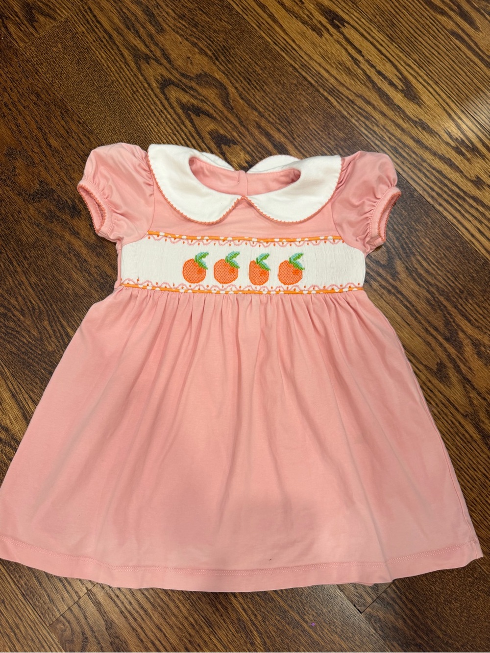 Pink Smocked Orange Motif Dress with Peter Pan Collar